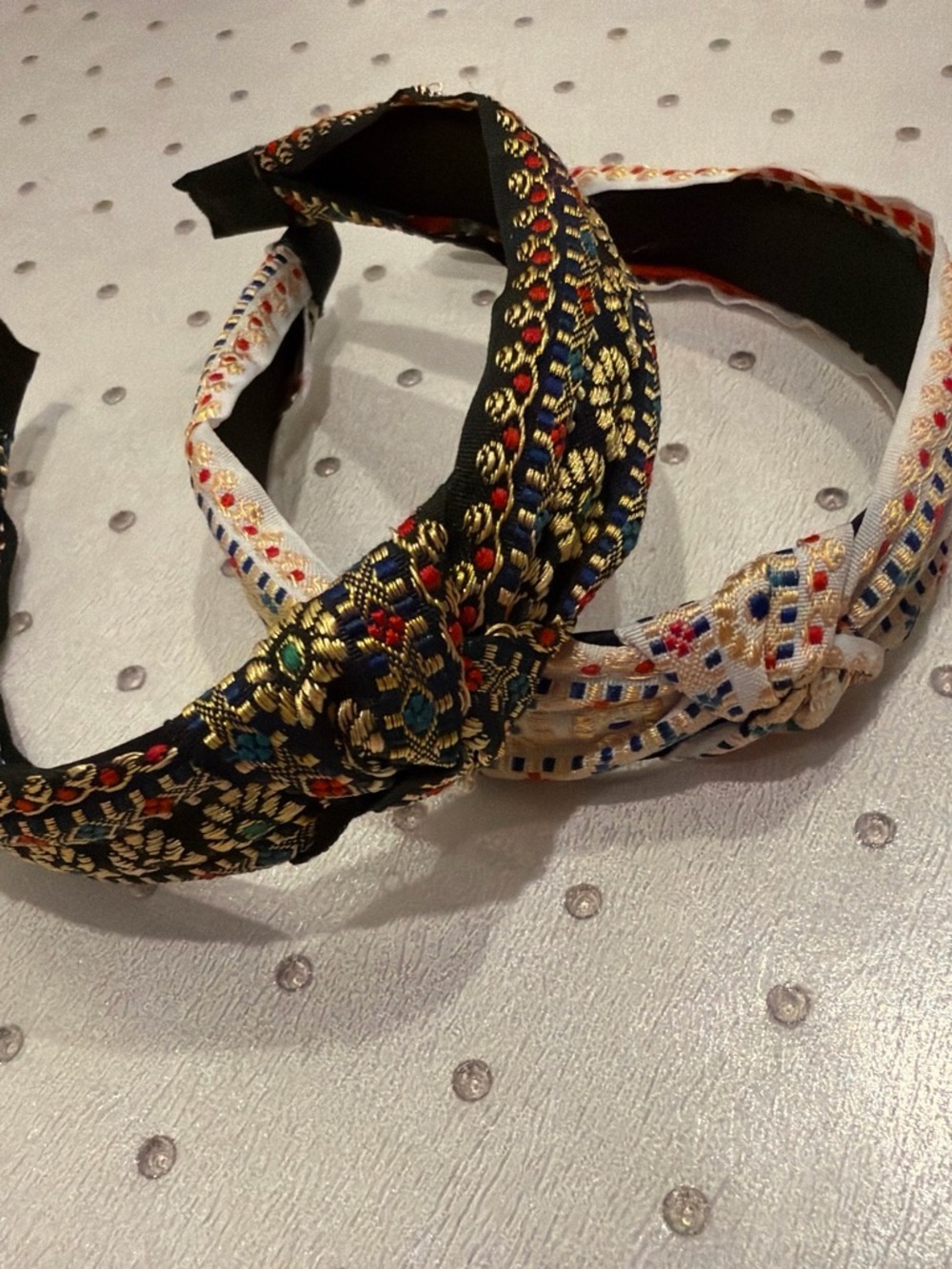Embroidered Knot Headband - Black and Cream